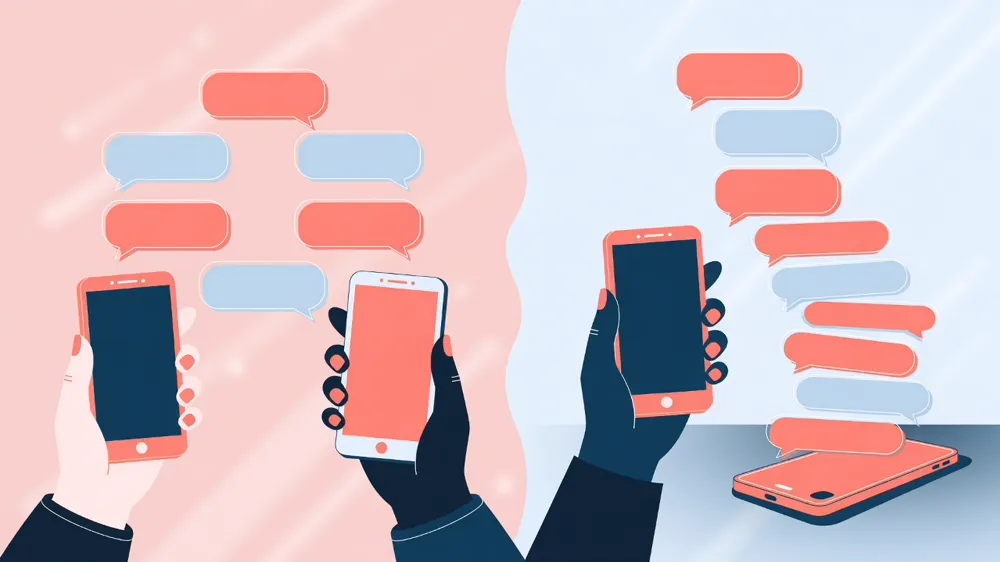 Chapda ikki tomonlama yozishma, o'ngda xabarlar uyumi va jim yotgan telefon.